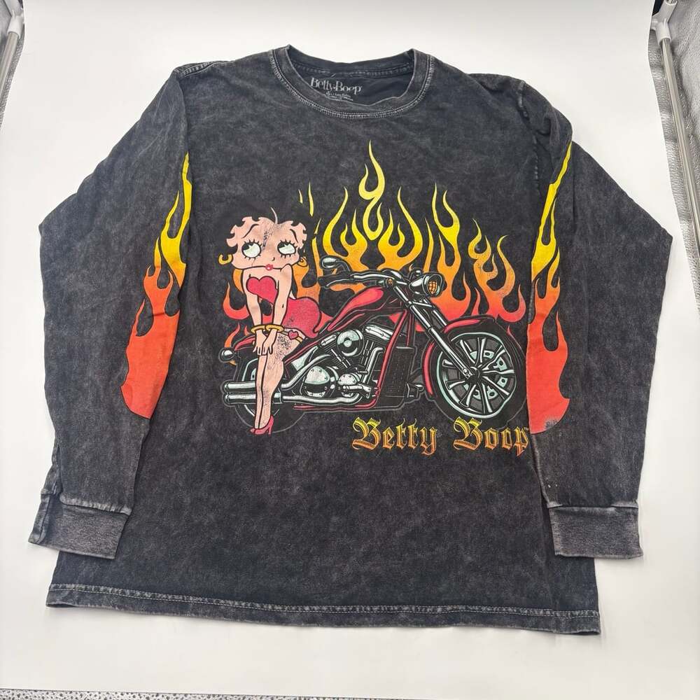 Betty Boop Biker Graphic Long Sleeve Acid Wash T-Shirt